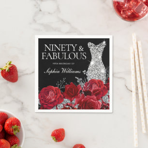 Red Roses Silver Gown Black 90th Birthday Napkin
