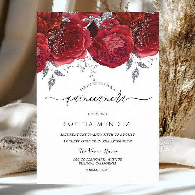 Red Roses Silver Leaf Quinceanera Invitation (Creator Uploaded)