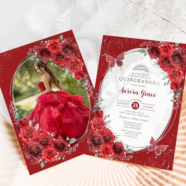 Red Roses Silver Quinceañera 15th Birthday Party Invitation (Creator Uploaded)