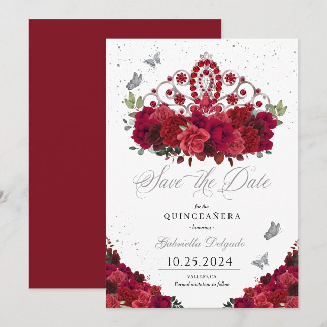 Red Roses & Silver Tiara Save The Date Quinceañera Invitation (Front/Back)