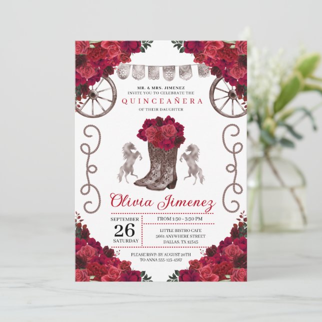 Red Roses Silver Western Cowgirl Boots Quinceanera Invitation (Standing Front)
