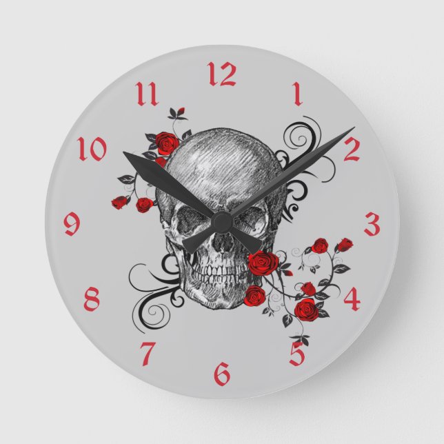 Red Roses Skull Wall Clock (Front)