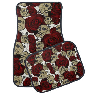 Red Roses & Skulls Black Floral Gothic White Car Mat