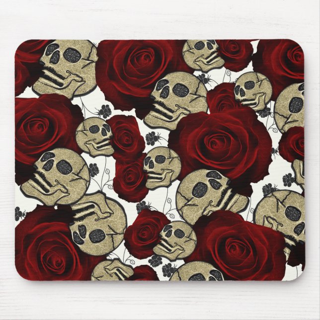 Red Roses & Skulls Black Floral Gothic White Mouse Pad (Front)