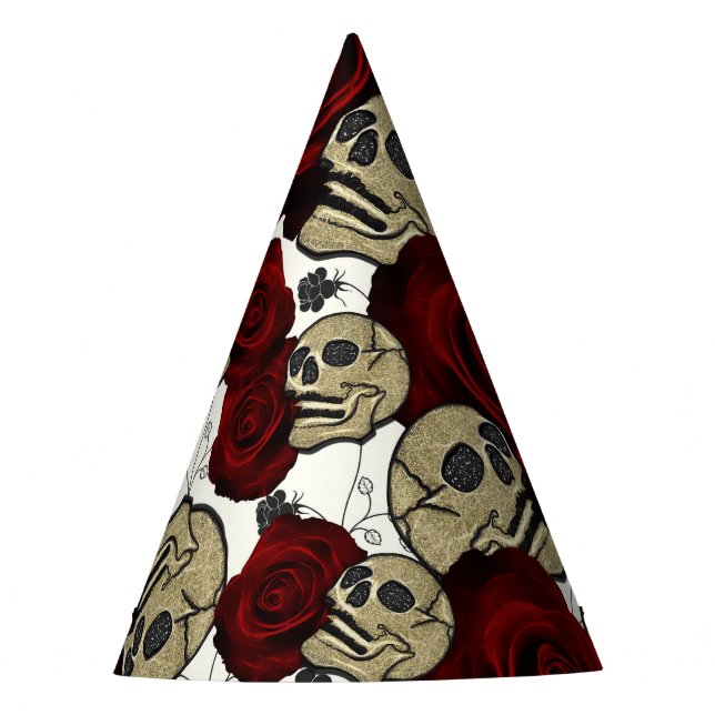 Red Roses & Skulls Black Floral Gothic White Party Hat (Front)