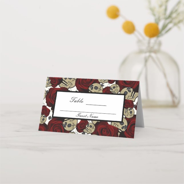Red Roses & Skulls Black Floral Gothic White Table Place Card (Front)