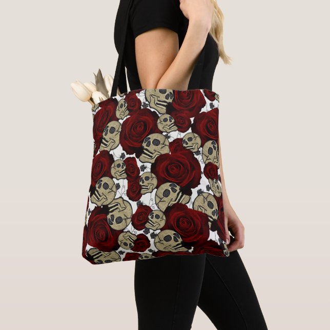 Red Roses & Skulls Black Floral Gothic White Tote Bag (Close Up)