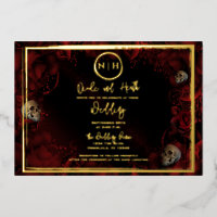 Red Roses Skulls Dark Floral Wedding Photo Gold