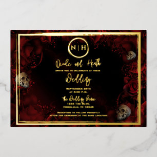 Red Roses Skulls Dark Floral Wedding Photo Gold