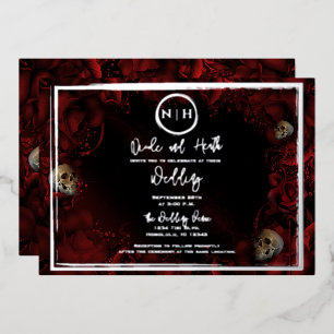 Red Roses Skulls Dark Floral Wedding Photo Silver