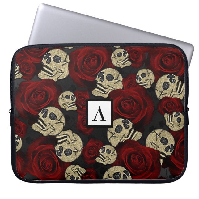 Red Roses & Skulls Gray Black Floral Gothic Laptop Sleeve (Front)