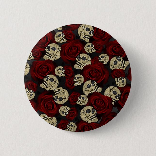 Red Roses & Skulls Grey Black Floral Gothic 6 Cm Round Badge (Front)