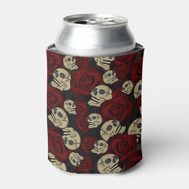 Red Roses & Skulls Grey Black Floral Gothic Can Cooler (Can Front)