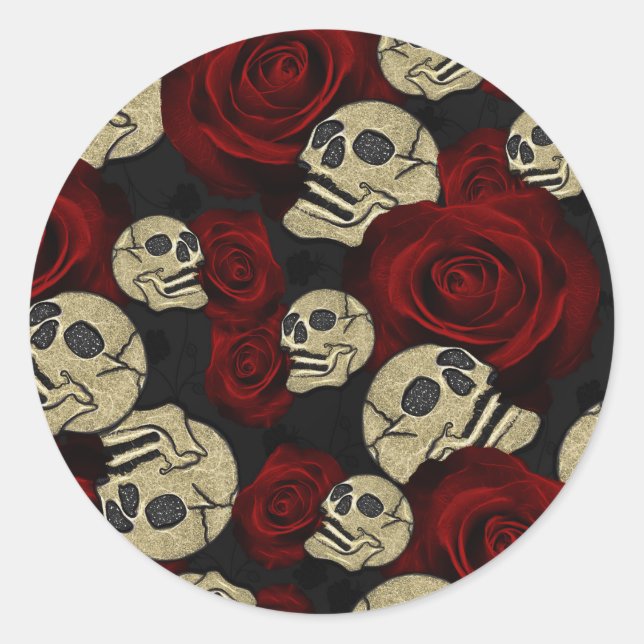 Red Roses & Skulls Grey Black Floral Gothic Classic Round Sticker (Front)