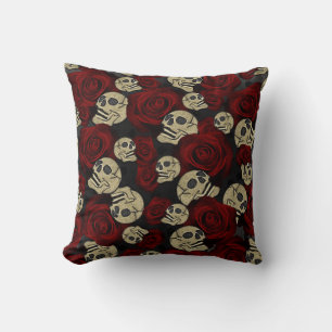 Red Roses & Skulls Grey Black Floral Gothic Cushion