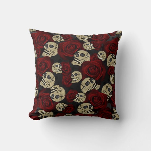 Red Roses & Skulls Grey Black Floral Gothic Cushion (Front)