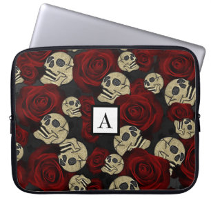 Red Roses & Skulls Grey Black Floral Gothic Laptop Sleeve