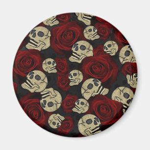 Red Roses & Skulls Grey Black Floral Gothic Magnet