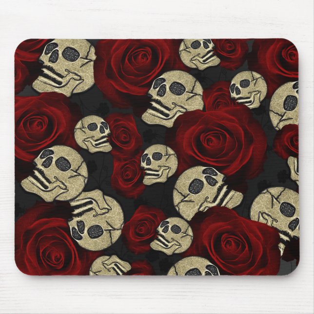 Red Roses & Skulls Grey Black Floral Gothic Mouse Pad (Front)