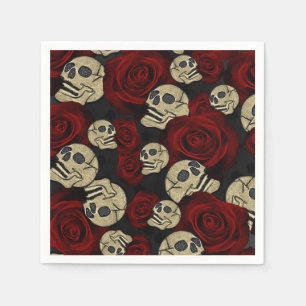 Red Roses & Skulls Grey Black Floral Gothic Napkin