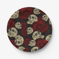 Red Roses & Skulls Grey Black Floral Gothic
