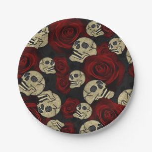 Red Roses & Skulls Grey Black Floral Gothic Paper Plate