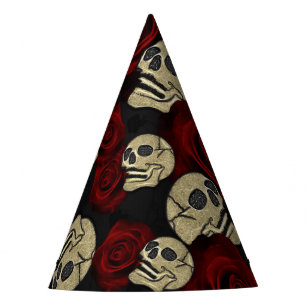 Red Roses & Skulls Grey Black Floral Gothic Party Hat