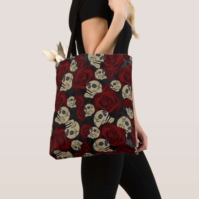 Red Roses & Skulls Grey Black Floral Gothic Tote Bag (Close Up)