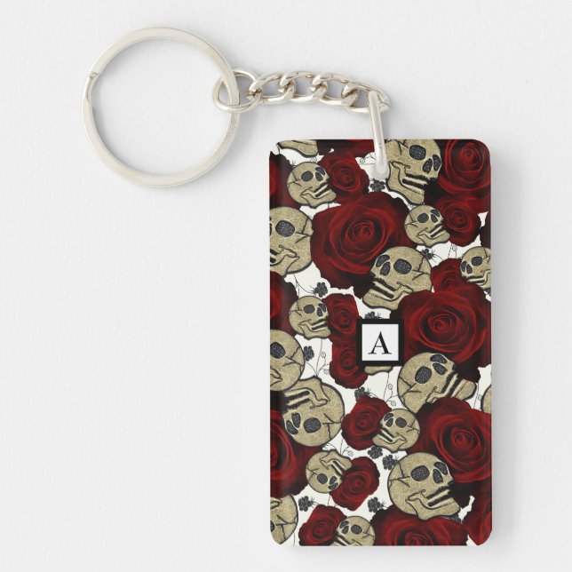 Red Roses & Skulls Grey Black Floral Gothic White Key Ring (Front)