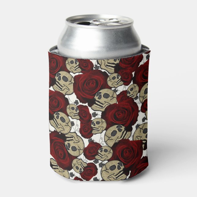 Red Roses & Skulls Grey White Floral Gothic Can Cooler (Can Front)