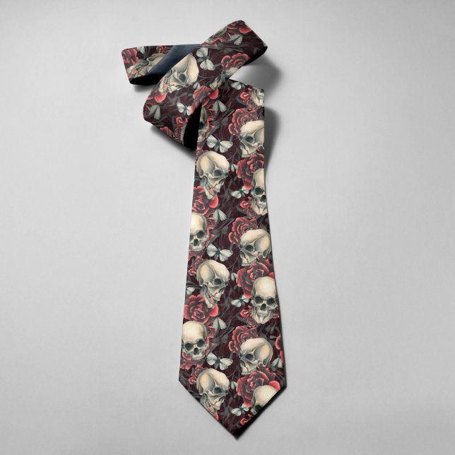 Red Roses & Skulls Spooky Halloween Pattern Tie (Creator Uploaded)