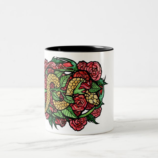 Red Roses Snake Art Snakes Rose                    Two-Tone Coffee Mug (Center)
