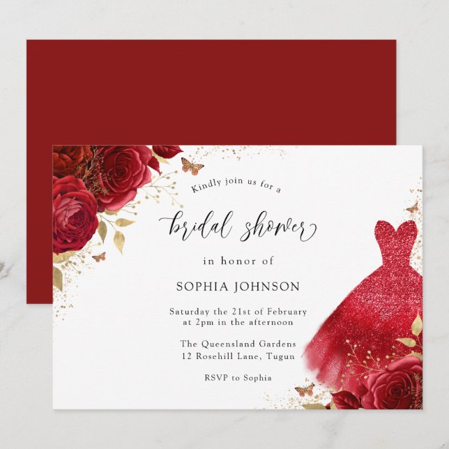 Red Roses Sparkle Dress Gold Bridal Shower Invitation (Front/Back)