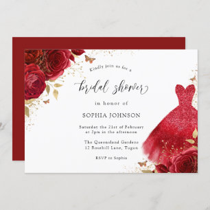 Red Roses Sparkle Dress Gold Bridal Shower Invitation