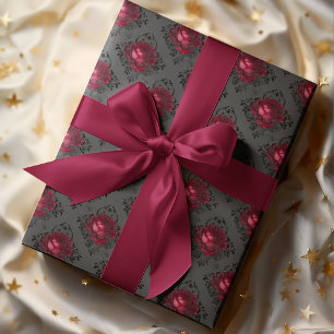 Red Roses Sparkly Black Dark Floral Wrapping Paper