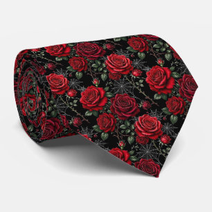 Red Roses & Spider Webs Luxe Gothic Neck Tie