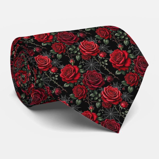 Red Roses & Spider Webs | Luxe Gothic Neck Tie (Rolled)