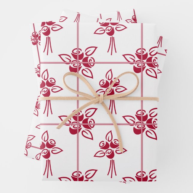 Red Roses Square Motif Wrapping Paper Sheet Set (In situ)