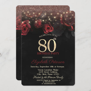 Red Roses,String Lights Glitter 80th Birthday  Invitation