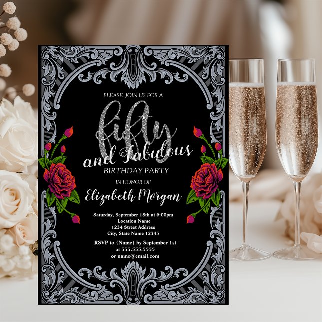  Red Roses,Stripes Gothic 50th Birthday Invitation (Creator Uploaded)