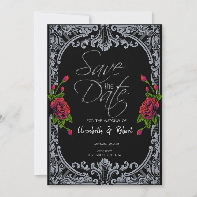  Red Roses,Stripes Gothic Save The Date Card (Front)