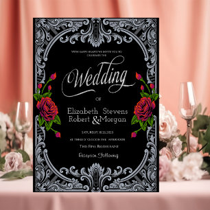 Red Roses,Stripes Gothic Wedding Invitation