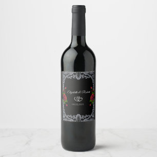 Red Roses,Stripes Gothic Wedding Wine Label
