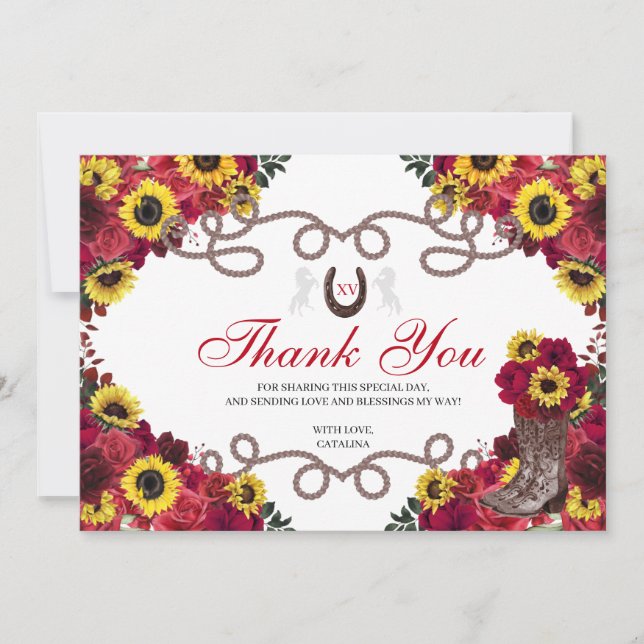 Red Roses Sunflowers Charro Quinceanera Thank You  (Front)