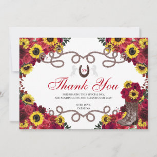 Red Roses Sunflowers Charro Quinceanera Thank You  Card