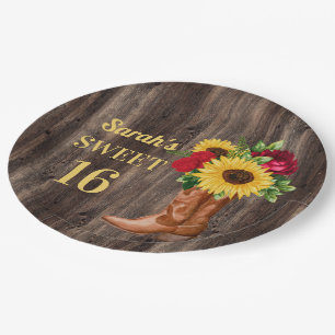 Red Roses Sunflowers Cowboy Boots Sweet 16   Paper Plate