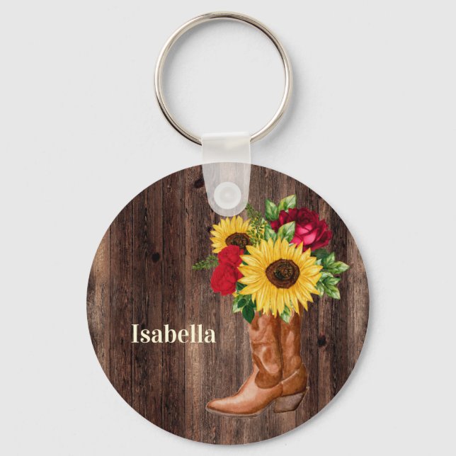 Red Roses Sunflowers Cowgirl Boots Name Key Ring (Front)