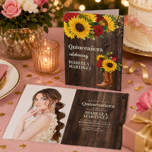 Red Roses Sunflowers Cowgirl Boots Quinceanera Card
