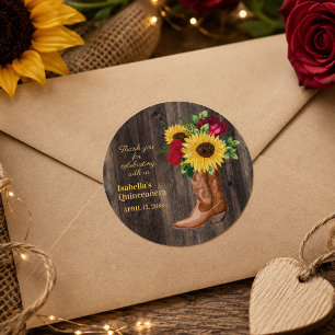Red Roses Sunflowers Cowgirl Boots Quinceanera    Classic Round Sticker