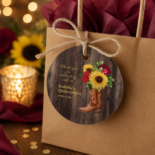 Red Roses Sunflowers Cowgirl Boots Quinceanera Favour Tags
